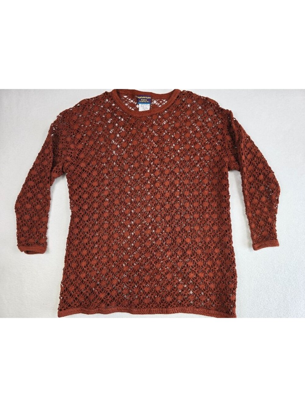 Vintage Pacific Connections Small Brown Rust Red Crochet Knit Top 100% Cotton